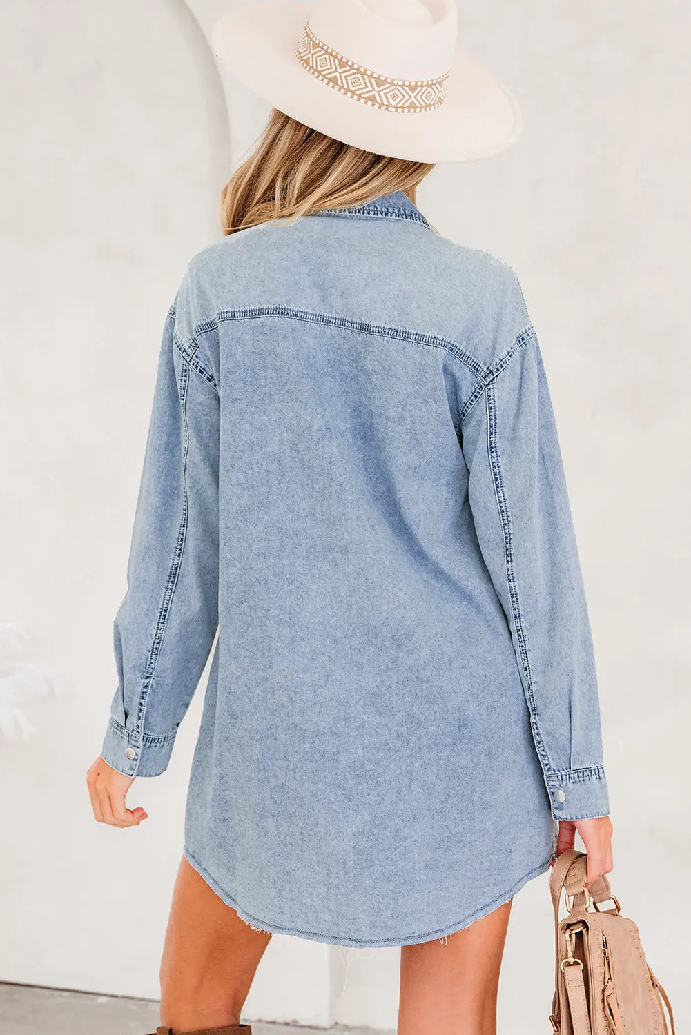 Beau Blue Chest Pocket Raw Hem Denim Loose Shirt Dress Markonline