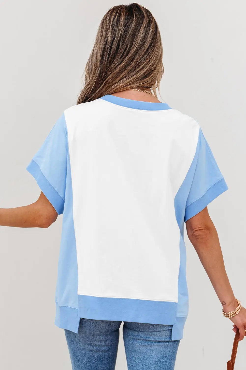 Sky Blue Color Block Exposed Seam Crew Neck T Shirt Markonline