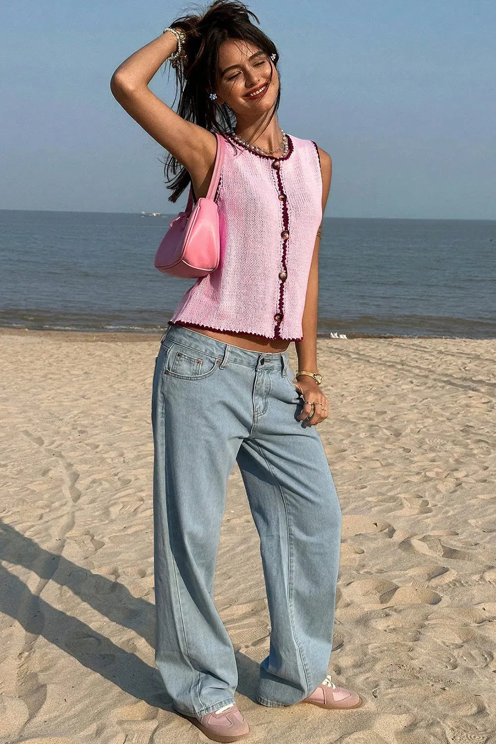 Pink Contrast Trim Buttoned Front Sweater Vest Dear-Lover Dropshipping