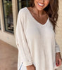 White Waffle Knit Side Slits Loose Fit V Neck Top Dear-Lover Dropshipping