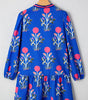 Sky Blue Floral Print Contrast Striped Trim Notched Neck Long Sleeve Dress Markonline