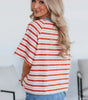 Tomato Red Stripe Print Contrast Collar Raglan Sleeve T Shirt Markonline