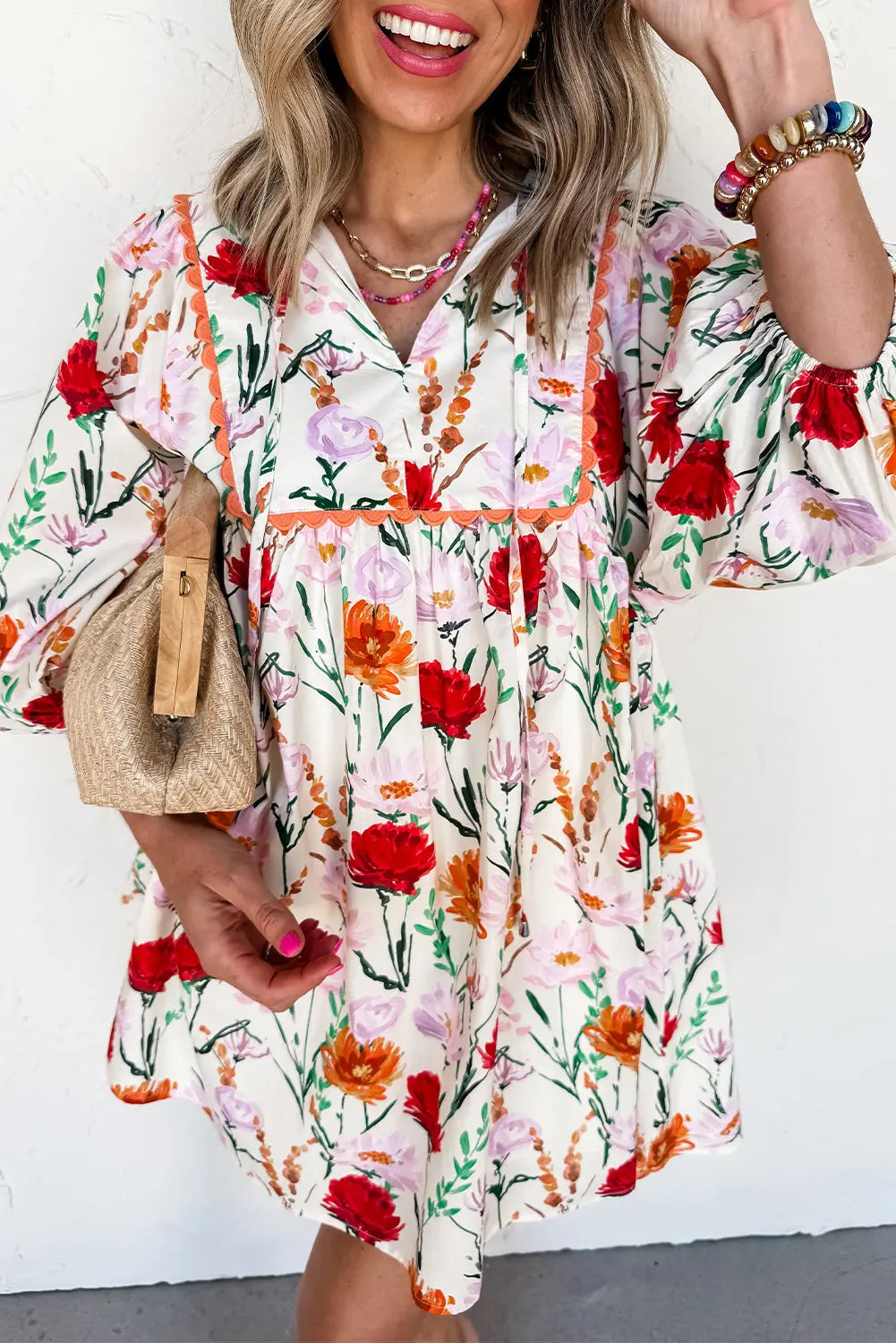 Beige Floral Print 3/4 Puff Sleeve Ricrac Trim Mini Dress Markonline