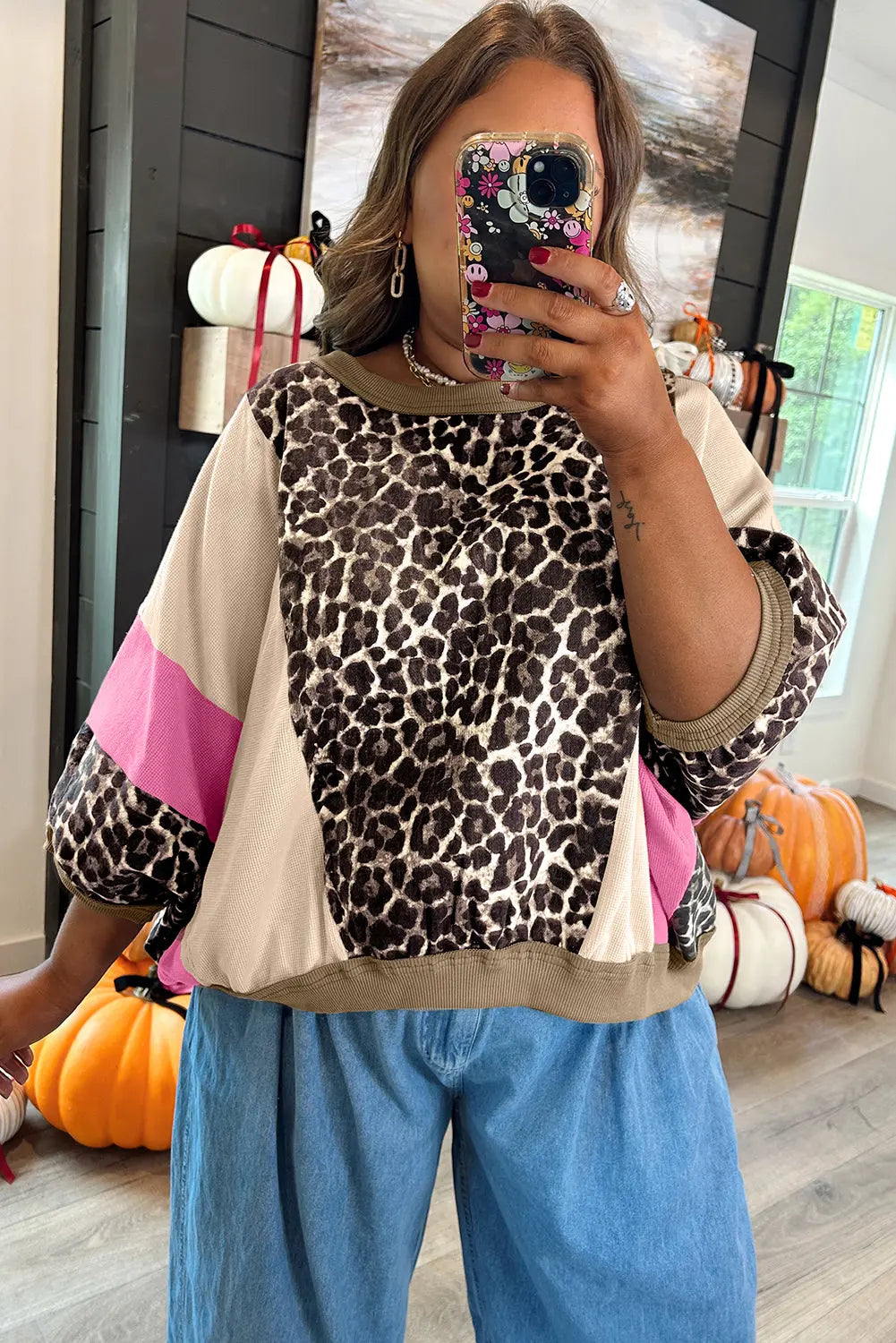 Brown Leopard Print Color Block Patchwork 3/4 Sleeve Loose Top Dear-Lover Dropshipping