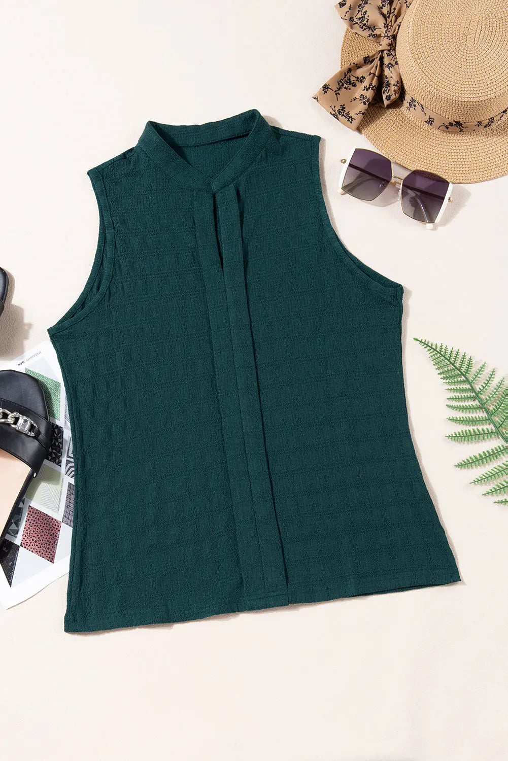 Sea Green Lattice Textured Split Neck Tank Top Markonline