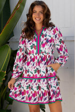 Purple Floral Print Contrast Striped Detail Long Sleeve Mini Dress Markonline