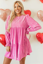 Strawberry Pink Flounce Sleeve Tiered Ruffled Velvet Mini Dress Markonline