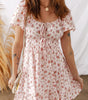 Pink Front Tie Shirred Waist Short Sleeve Ruffled Floral Mini Dress Markonline