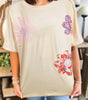 Apricot Flower Patched Exposed Stitching Trim Crew Neck Loose Tee Markonline