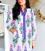 White Floral Print Contrast Striped Trim Notched Neck Long Sleeve Dress Markonline