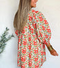 Red Floral Print Ricrac Trim V Neck 3/4 Sleeve Loose Mini Dress Markonline