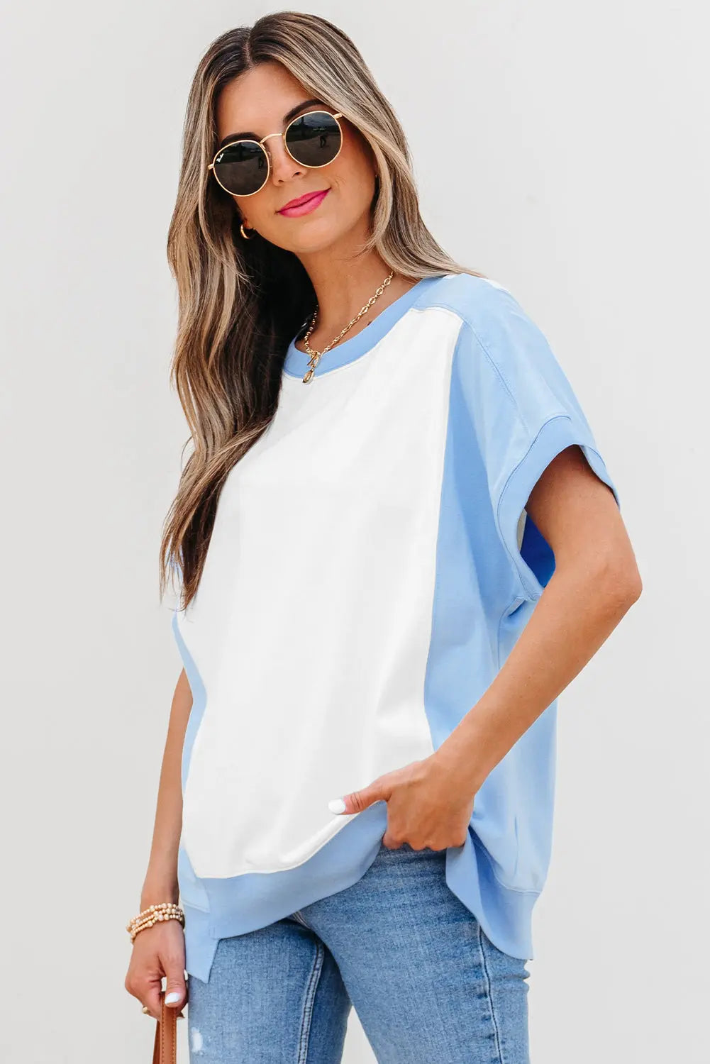 Sky Blue Color Block Exposed Seam Crew Neck T Shirt Markonline