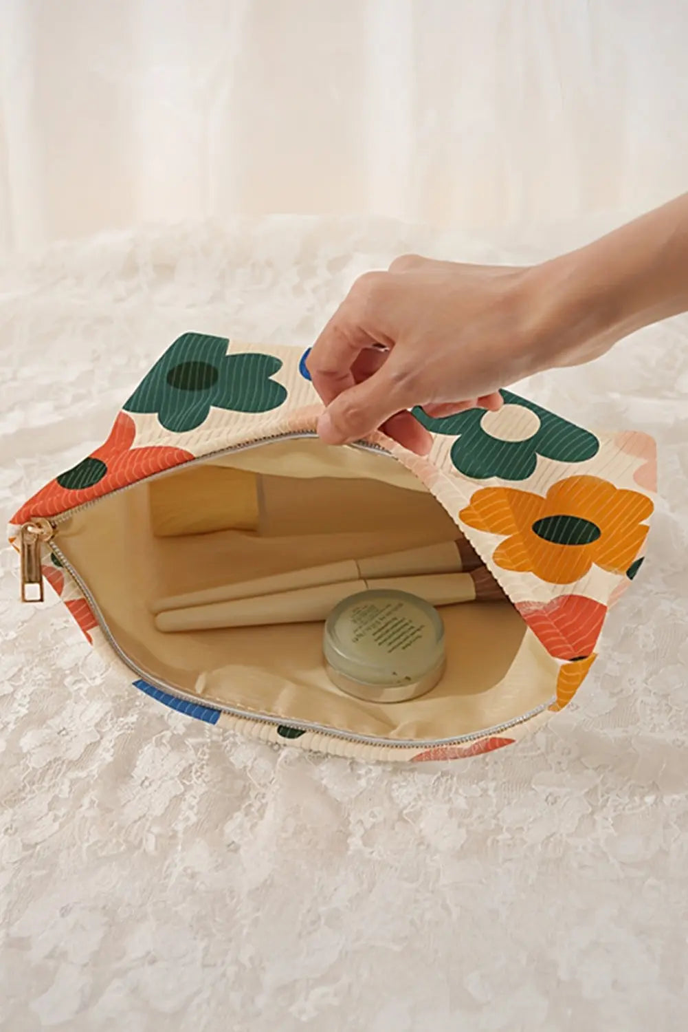 White Floral Print Corduroy Minimalist Storage Bag Markonline