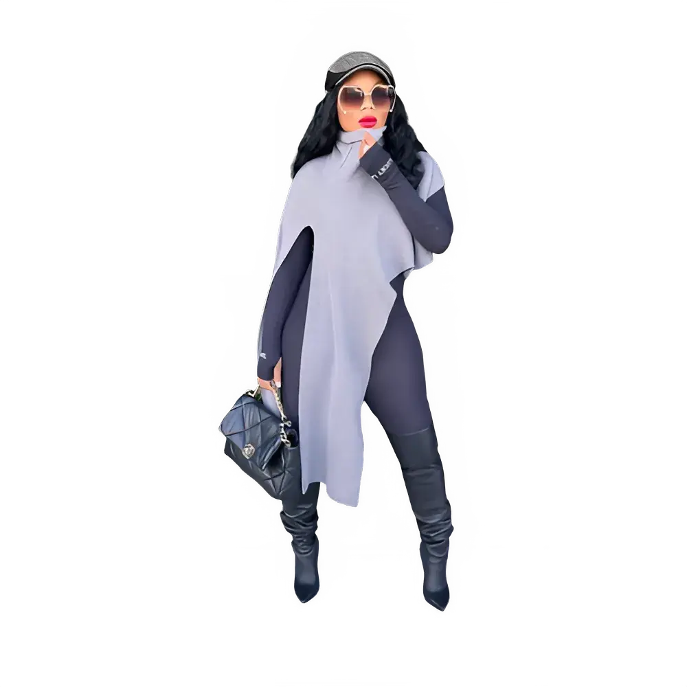 CM.YAYA Vintage Knit Rib Women Turtleneck Slit Clock Sleeve Asymmetrcial Oversized Pullover Sweater Autumn Winter Thick Warm Top