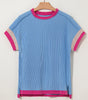 Sky Blue Textured Contrast Trim Round Neck T Shirt Markonline