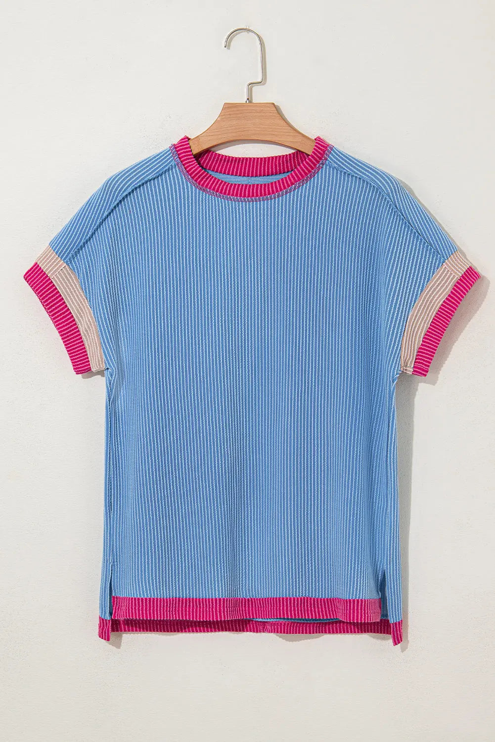 Sky Blue Textured Contrast Trim Round Neck T Shirt Markonline
