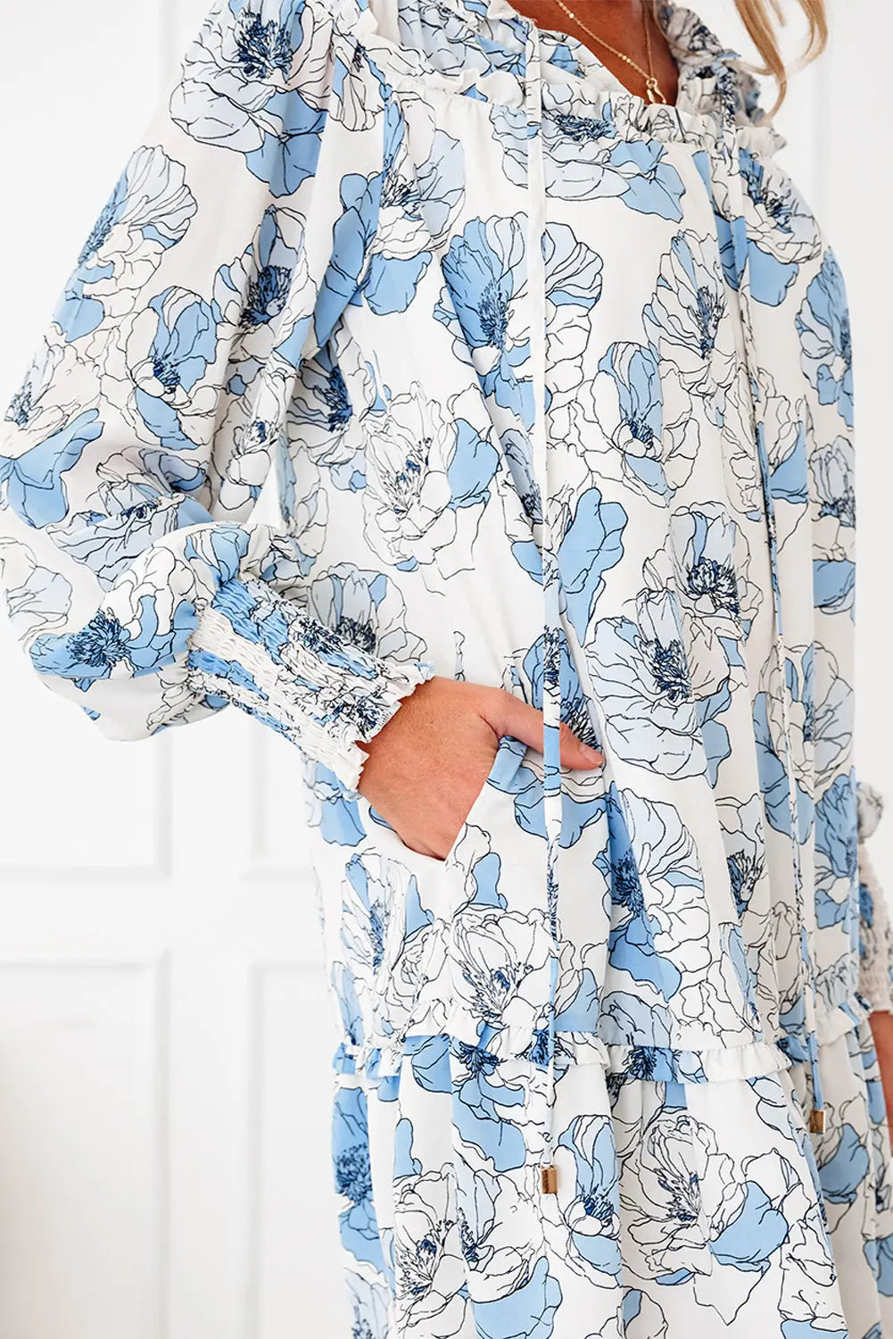 Sky Blue Floral Print Tie Neck Long Sleeve Flowy Mini Dress Markonline