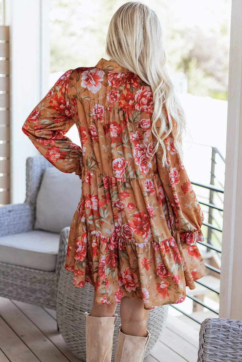 Brown Vintage Floral Print Shirt Style Half Button Long Sleeve Ruffle Mini Dress Markonline