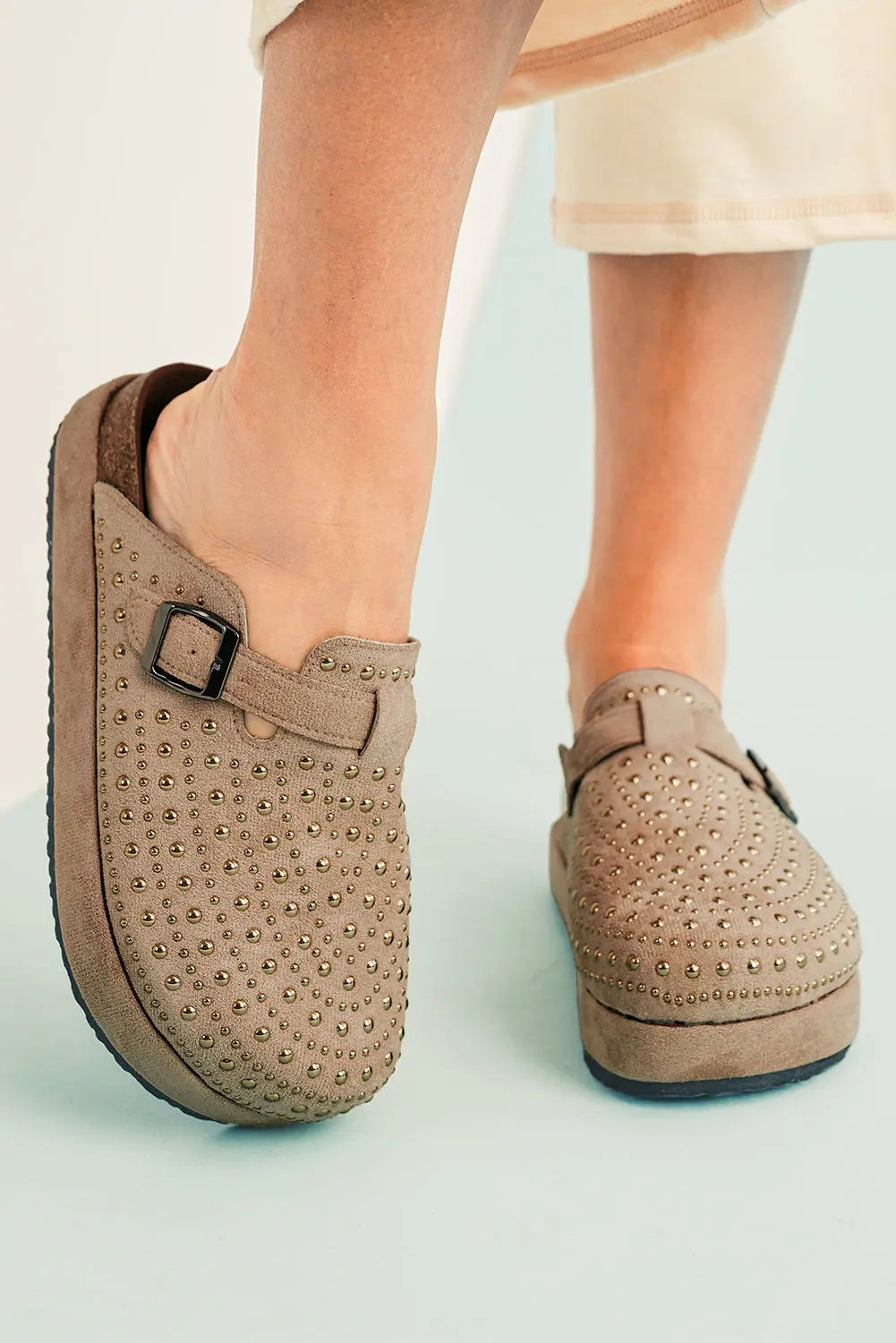 Parchment Rivet Buckle Closed Toe Platform Slippers Markonline