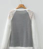 Black Stripe Textured Knit Contrast Hollowed Lace Patchwork Long Sleeve Top Dear-Lover Dropshipping