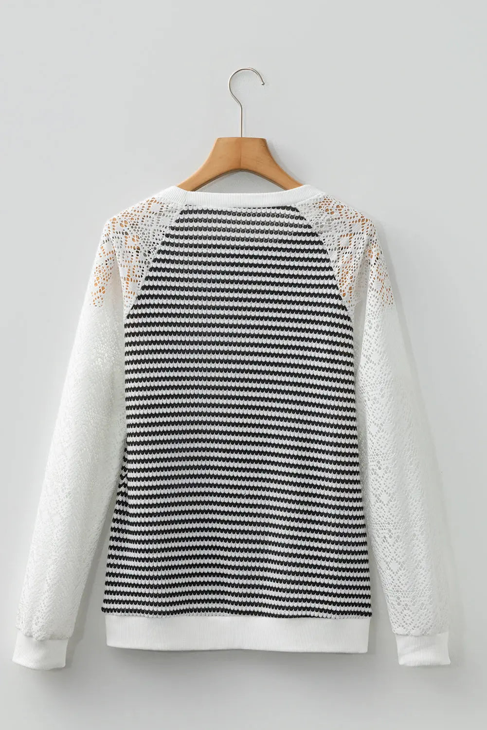 Black Stripe Textured Knit Contrast Hollowed Lace Patchwork Long Sleeve Top Dear-Lover Dropshipping