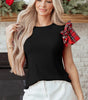 Black Plaid Pearl Ruffle Short Sleeve Loose T Shirt Markonline