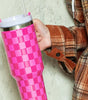 Bright Pink Checkered Print Handled Stainless Steel Tumbler Cup 40oz Dear-Lover Dropshipping