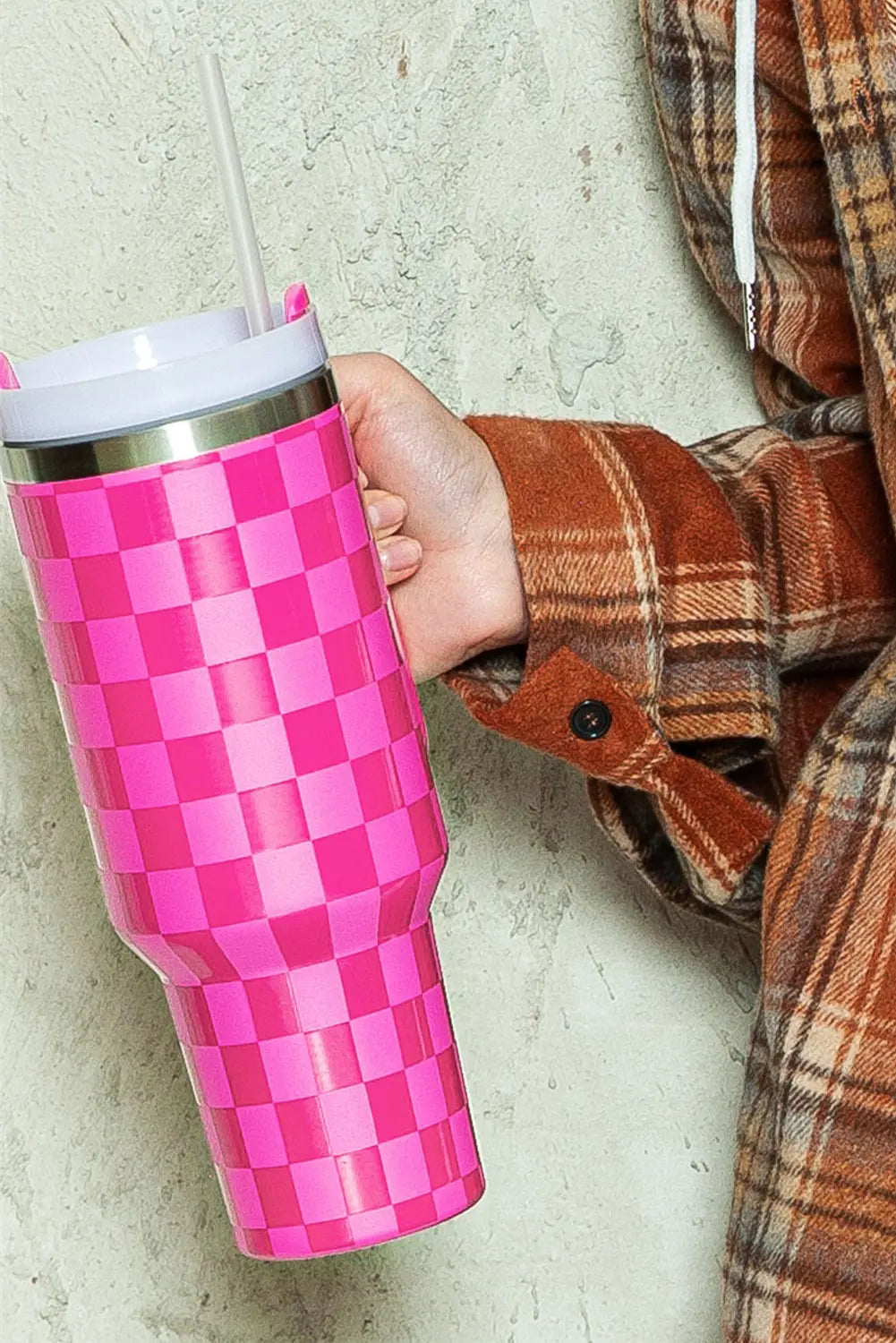 Bright Pink Checkered Print Handled Stainless Steel Tumbler Cup 40oz Dear-Lover Dropshipping