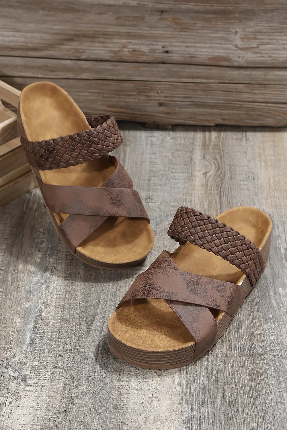 Brown Braided Detail Criss Cross Platform Slippers Dear-Lover Dropshipping