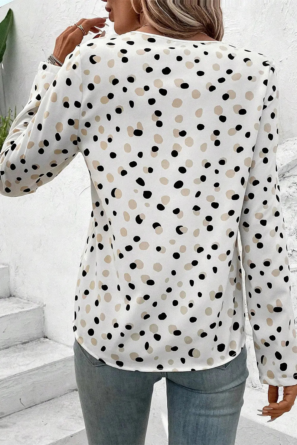 White Polka Dot Print Button Front V Neck Blouse Dear-Lover Dropshipping
