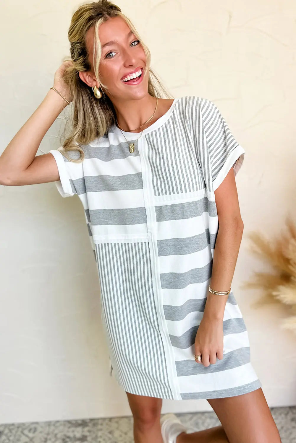 Gray Stripe Mixed Printed Short Sleeve Shift Mini T Shirt Dress Markonline