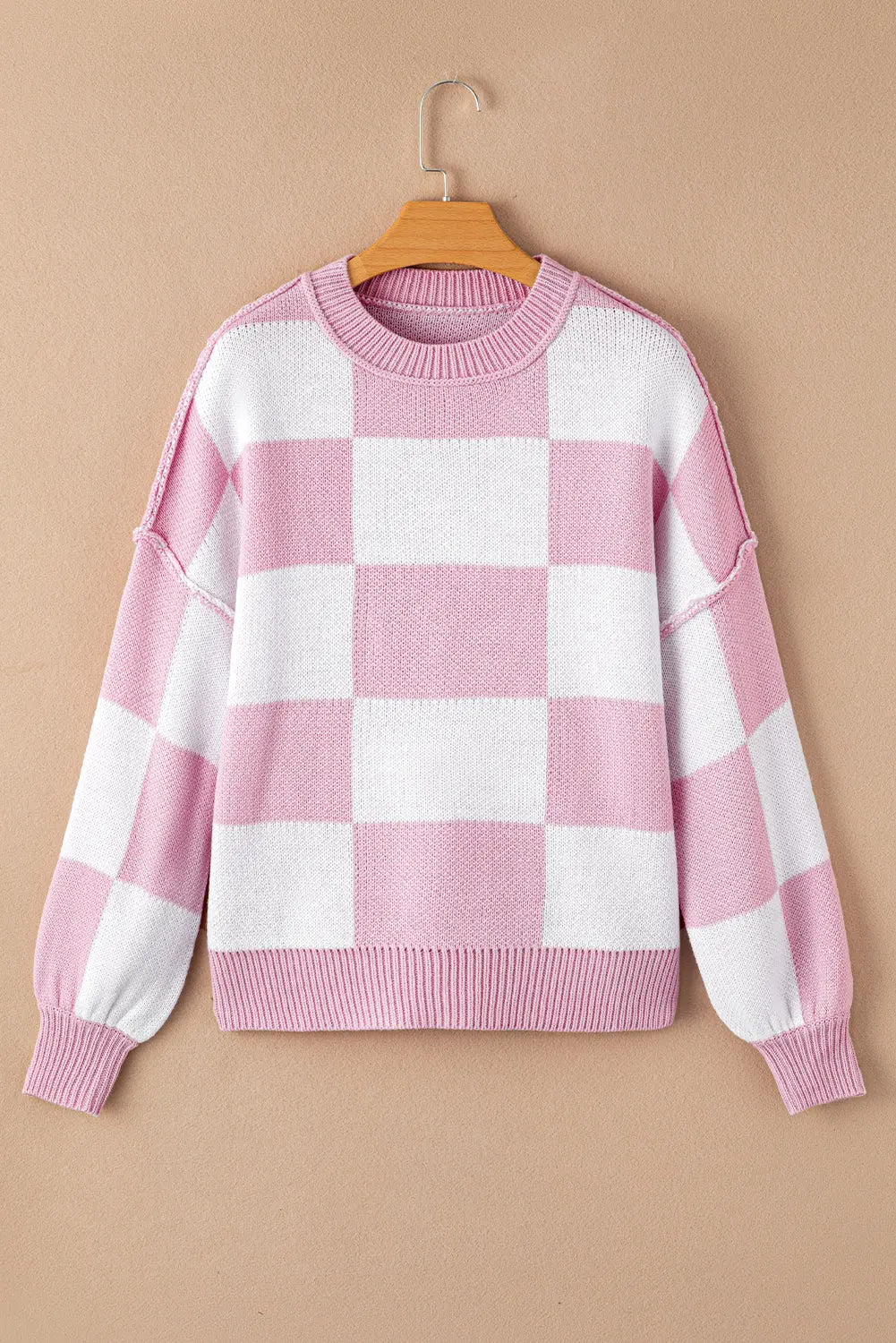 Pink Checkered Bishop Sleeve Sweater Dear-Lover Dropshipping