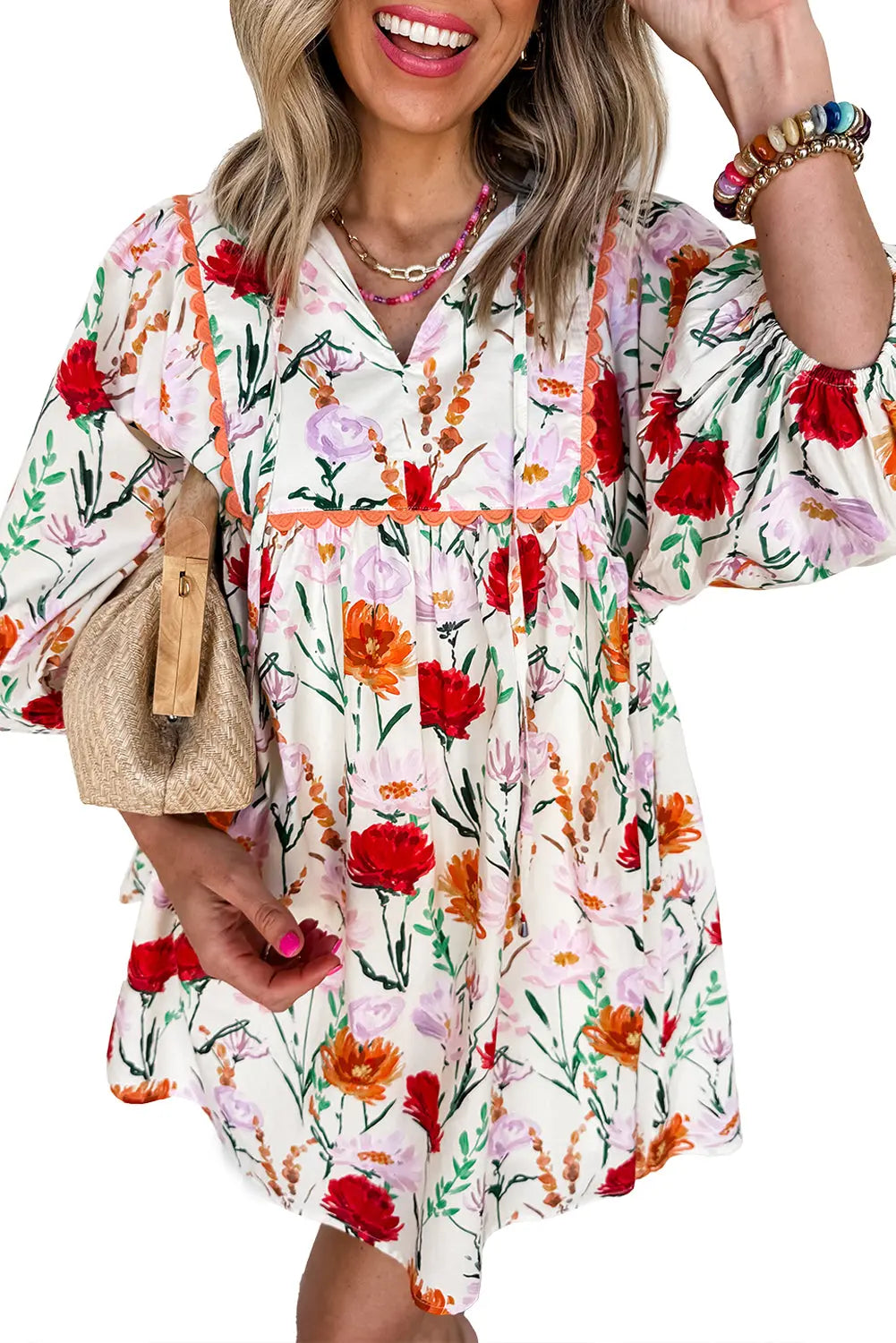 Beige Floral Print 3/4 Puff Sleeve Ricrac Trim Mini Dress Markonline