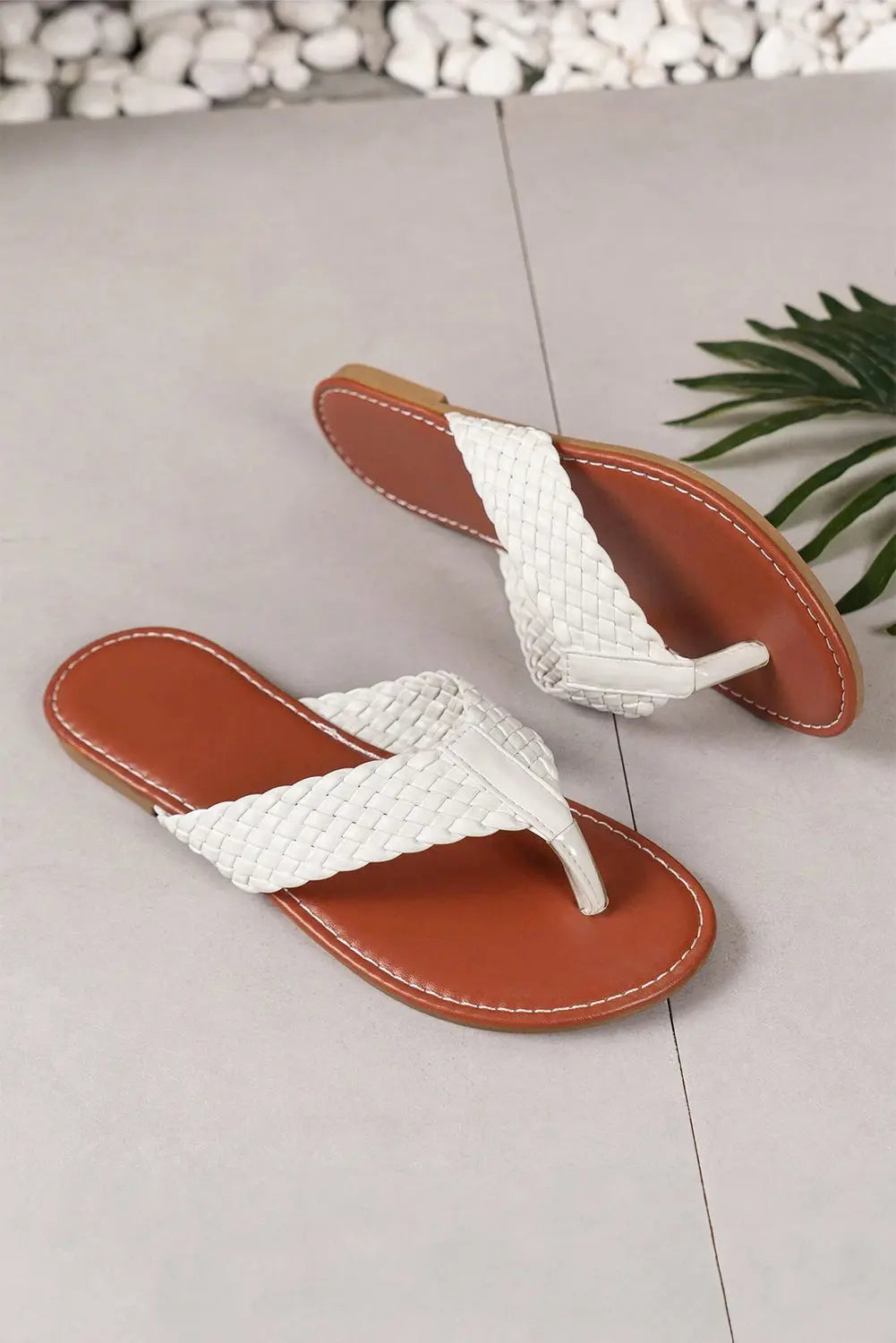 White Braided Strap PU Leather Flip Flop Markonline