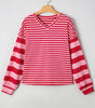 Strawberry Pink Mix Striped Drop Shoulder Patchwork Sleeve V Neck Pullover Dear-Lover Dropshipping