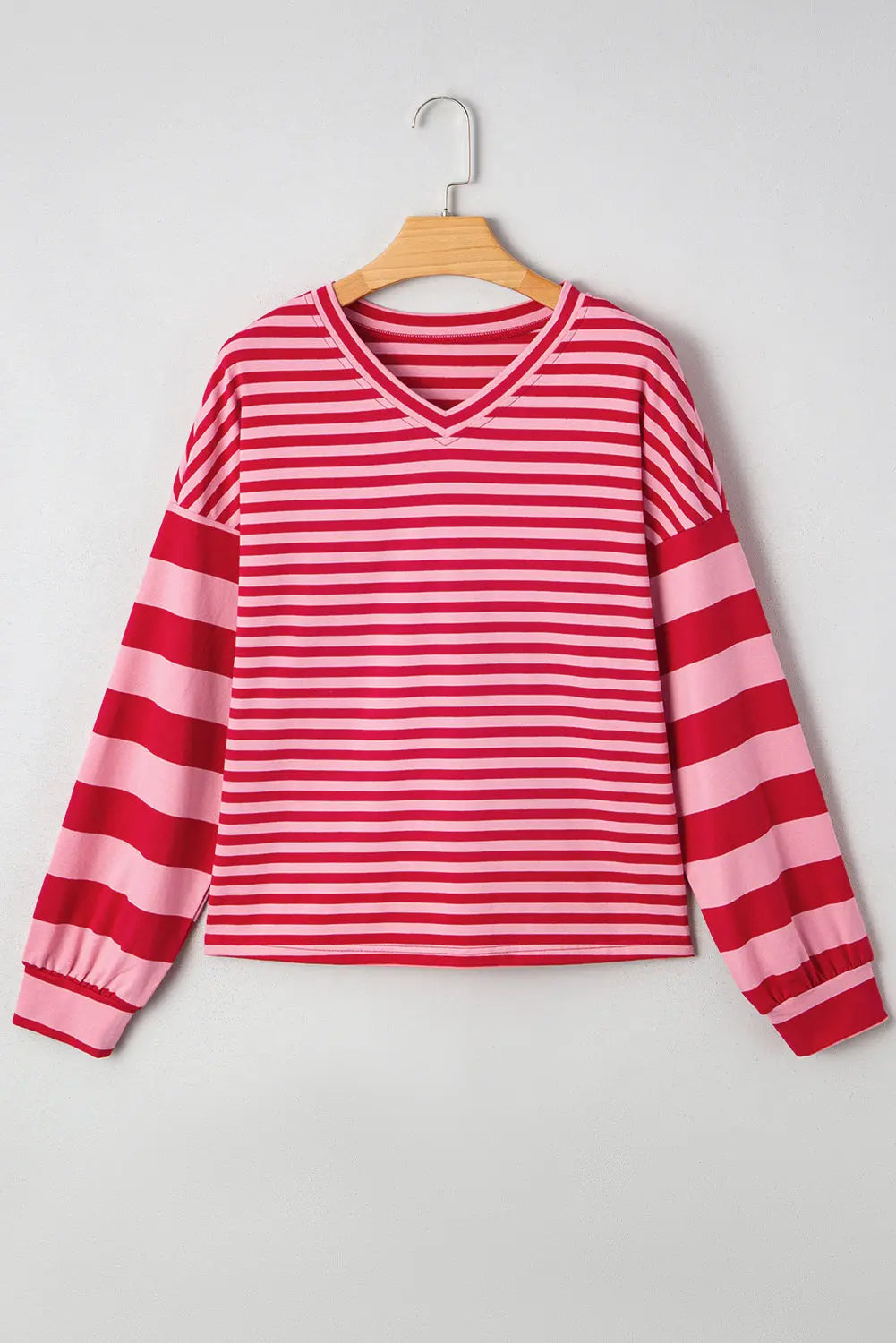 Strawberry Pink Mix Striped Drop Shoulder Patchwork Sleeve V Neck Pullover Dear-Lover Dropshipping