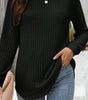 Black Ribbed Texture Round Neck Long Sleeve Rounded Hem Knit Top Markonline