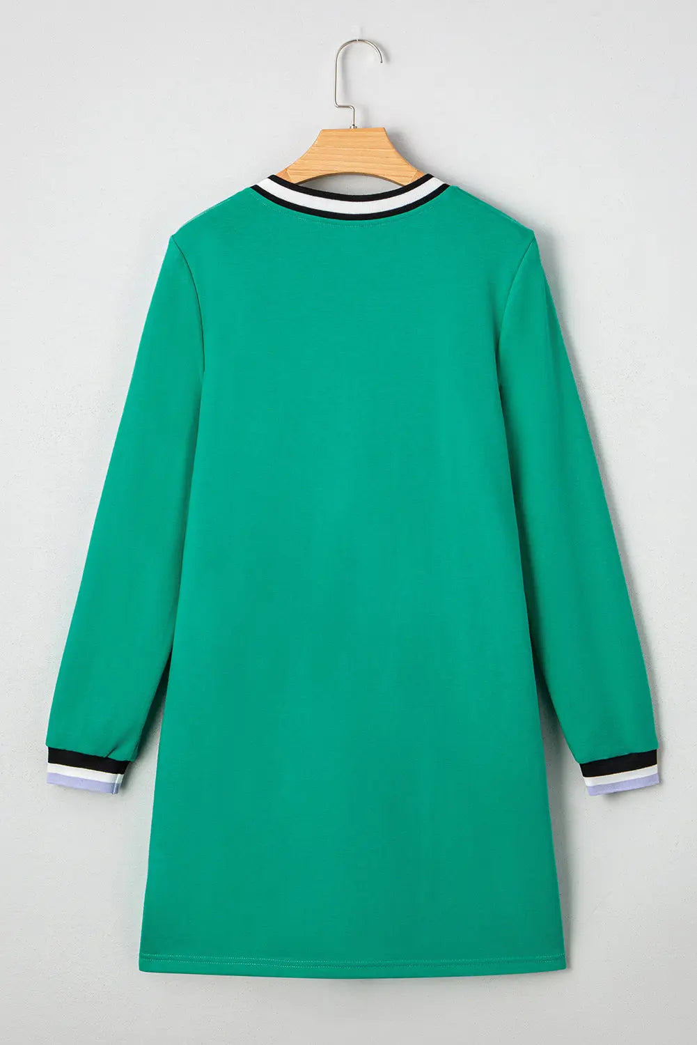 Mint Green Varsity Contrast Striped V Neck Long Sleeve T Shirt Dress with Pockets Markonline