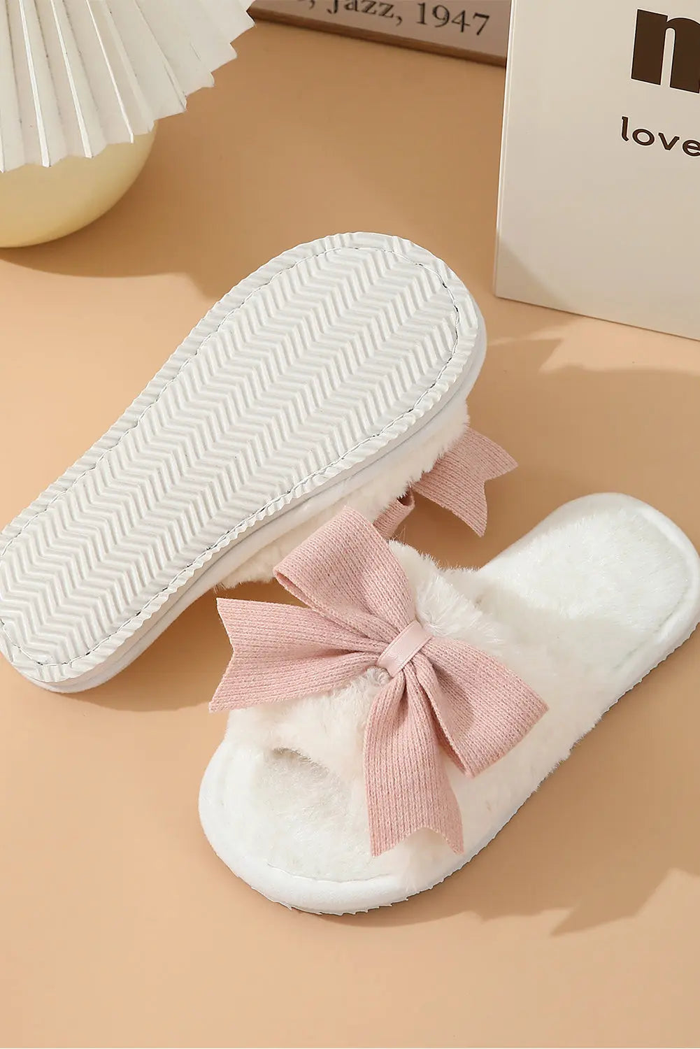 White Bow Knot Decor Open Toe Plush Slippers Markonline